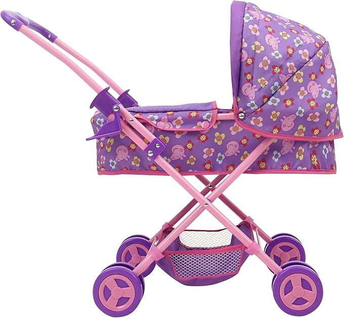 Peppa Pig: Doll Pram - Purple, Pink, Flowers - Accessory for Dolls Up to 18", Foldable, Removable Bassinet, Retractable Canopy, Kids Toy Ages 3+