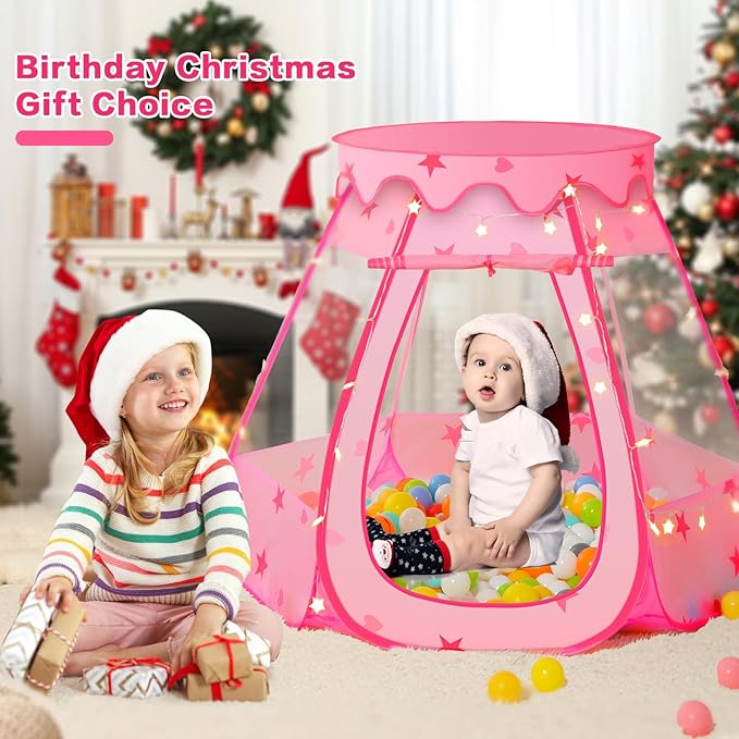 Baby Ball Pit for Toddler: with Star Lights - Pop Up Princess Play Tent for Kids - Indoor Outdoor Baby Girl Toys Birthday Gifts - NO Balls (Pink Tent)