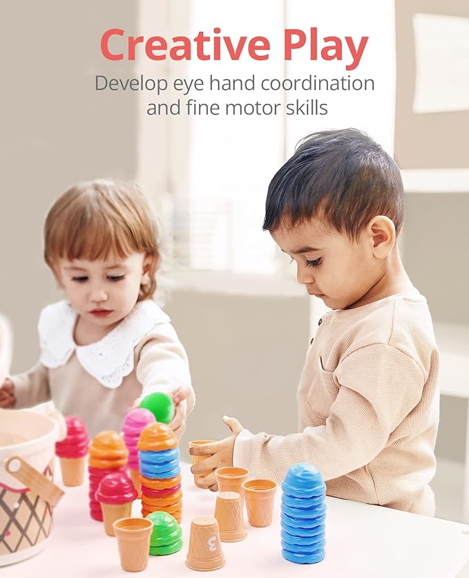 JoyCat Ice Cream Preschool Learning Activities Counting and Color Sorting Set Stacking Toys for Kids 3-5, Safety Fine Motor Skills Toy, Math Learning Resources Easter Basket Stuffers for Toddler 65PCS