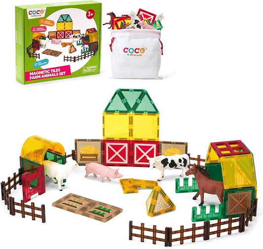 COCO&Friends Magnetic Tiles Farm Animals for Toddlers Kids Ages 2-8 - Magnetic Blocks Building STEM Toys for 3 Year Old Girl Boy Birthday Gift - Montessori Educational Construction Sensory Magnet Toys