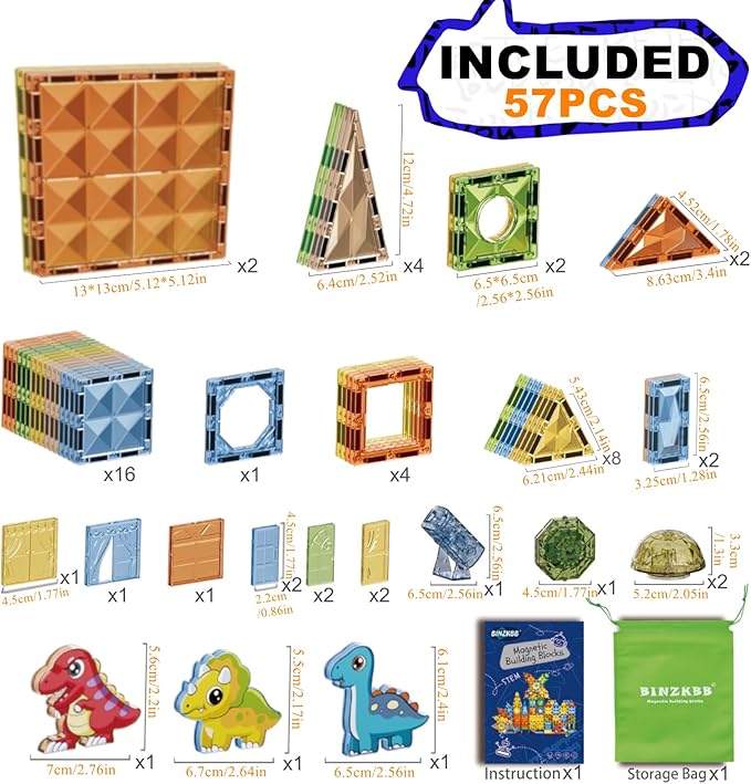 BINZKBB Magnetic Tiles Building Blocks,Lighted 3D Clear Educational STEM Construction Set,Preschool Sensory Magnet Dinosaur Creativity Toys for Kids Age 3 4 5 6 8+ Years Old Girls Boys Toddlers