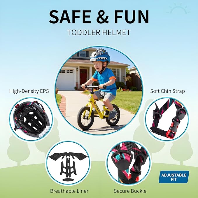 KINGBIKE Toddler Helmet 2-3-5-8 Years Kids Balance Bike Helmets Size Adjustable 3D Dinosaur with Led Light for Skateboard Scooter Cycling Skaterolling
