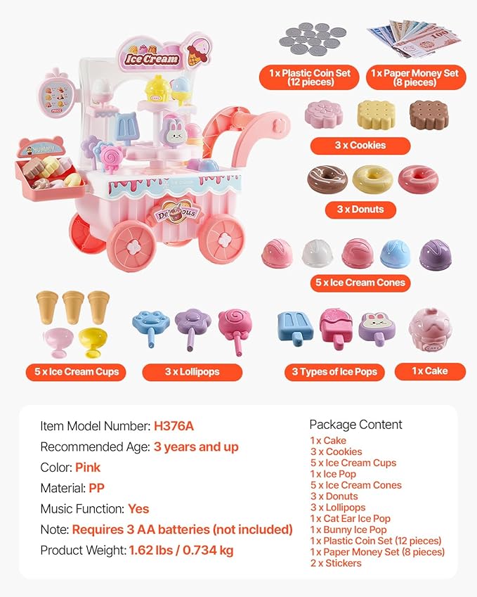 VEVOR Ice Cream Cart for Kids, 27 PCS Accessories, Pretend Play Store with Storage Trolley with Pretend Money, Sound & Light Effects, Montessori Educational Ice Cream Truck Toys for Toddlers 3+ (Pink)