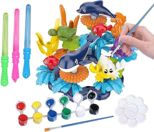 KC Republic Ocean Reef Sea Creatures 37pcs Water Washable Painting & Building Toy Set, Children's Activity Art Kit, Paint Your Own Buildable Ocean Reef Toy with Free Bubbles Wand Gift