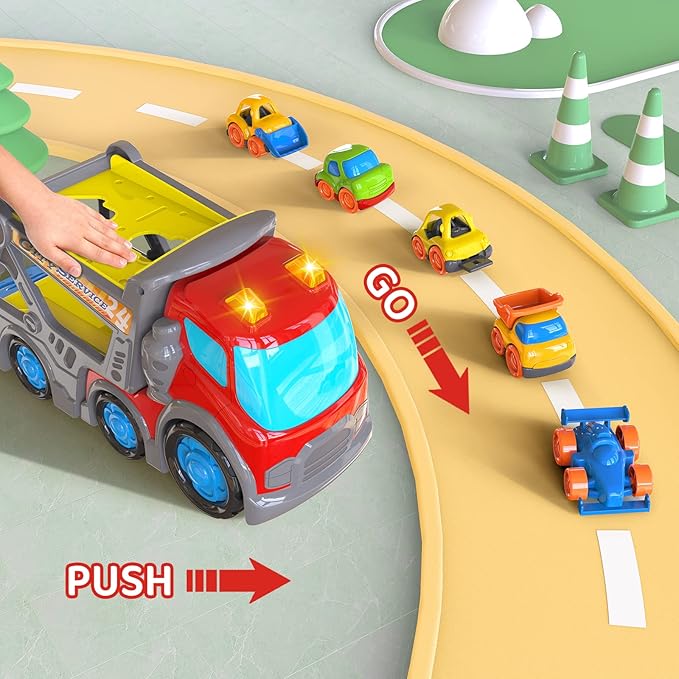 P&C 12.2" Toddler Car Transport Truck Toys for Ages 2-4, Auto Car Carrier Transporter Double-Deck Truck Toy Set with Sounds Lights for Kids 18M+ 2 3 4 5, Ideal Birthday for Boys Girls