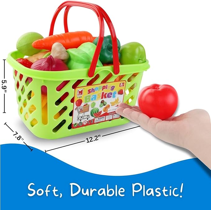 38 PCS Fruits and Vegetables Shopping Basket Play Food Plastic Toys Set, Healthy Farmer's Market Grocery Educational Pretend Play Set for Kids