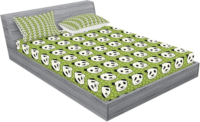 Ambesonne Panda Fitted Sheet & Pillow Sham Set, Cartoon Funny Hand Drawn Style Panda Bear Heads Animal Pattern Funny Furry Mammal, Decorative Printed 3 Piece Bedding Decor Set, Calking, Olive Green