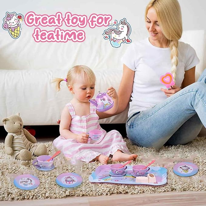 19Pcs Unicorn Toys Tea Party Set for Little Girls, Birthday Gift for Age 3 4 5 6 Year Old, Princess Tea Time Set Toys for Little Girls, Kids Toddlers Kitchen Pretend Toy with Tin Tea Set