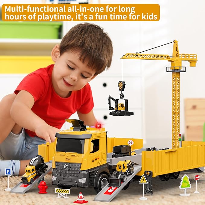 Construction Toys Truck Crane for Kids - Truck Race Track Kids Toy Eject Car Set Excavator Bulldozer Dump Trucks Cement Truck Vehicle Easter Christmas Birthday 2+ 3 4 5 6 7 8 Years Old Boy Girl Gift