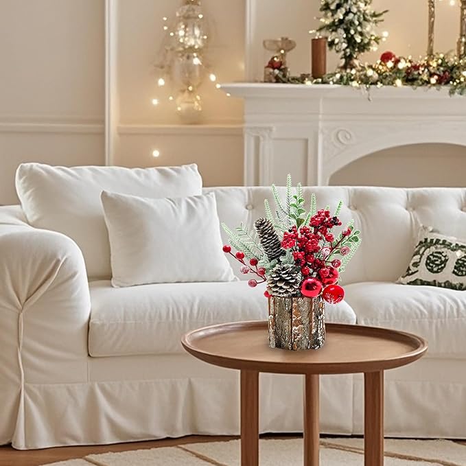 Small Christmas Tree, Artificial Mini Tabletop Decorations with Pine Cones Red Berries for Home Party Christmas Decorations Winter Indoor Outdoor