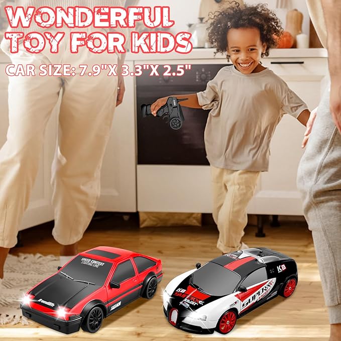 Remote Control Car RC Drift Car 2.4GHz 1:24 Scale 4WD 15KM/H High Speed, Rechargeable High Speed RC Cars with Cool Lights, Batteries and Extra Tires Toys for Kids