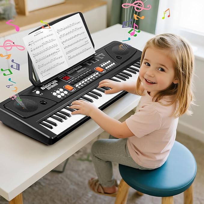 61-Key Kids Piano Keyboard for Beginners - Rechargeable Electronic Music Toy Piano with Music Stand Microphone LED Display AUX in - Birthday for 3-9 Year Old Boys Girls (Black)