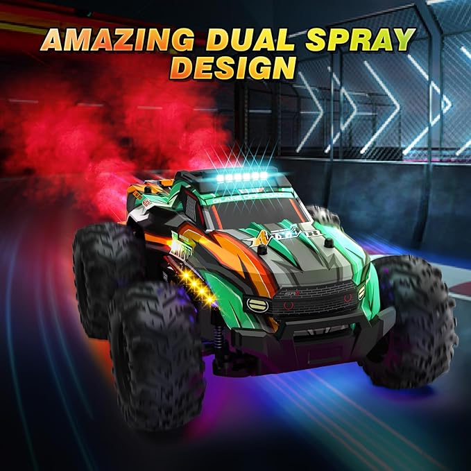 BLUEJAY Remote Control Car, 1:16 All Terrain High Speed RC Cars Truck for Boy, Rechargeable Monster RC Truck with Colorful LED Lights & Spray, RC Cars Toys Gifts for Adults Kids Boys Girls 4-7 8-12