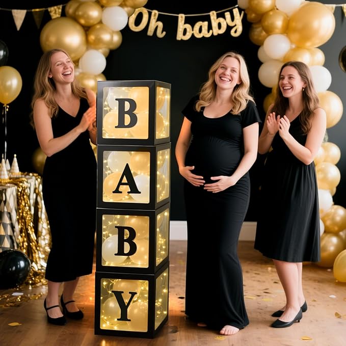 Ledido Baby Boxes with Letters for Baby Shower Decorations, 4 pcs Clear Baby Balloon Boxes Blocks Decor with LED Fairy String Lights for Boy Girl Gender Reveal Decorations Backdrop Party (Black)