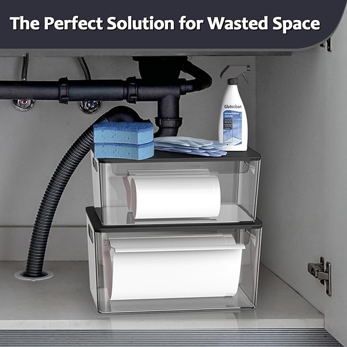 2 Pack Trash Bag Holder Under Sink Stackable, Plastic Garbage Bag Dispenser with Lid, Trash Bag Storage Dispenser Roll Holder for Kitchen, Pantry, Laundry Room Organization (Black Lid)