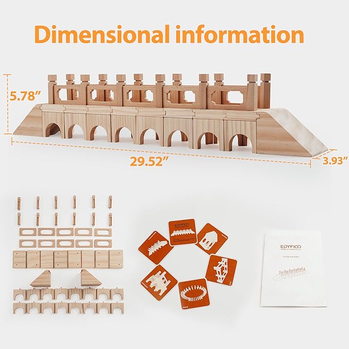 Wooden Building Blocks Set,48Pcs Construction Toys, Large-Bridge Set,Birdhouses, Castles, Dominoes and Other Open Stacking Blocks,Montessori Toys for Toddler 1-3 with Parent-Child Cards