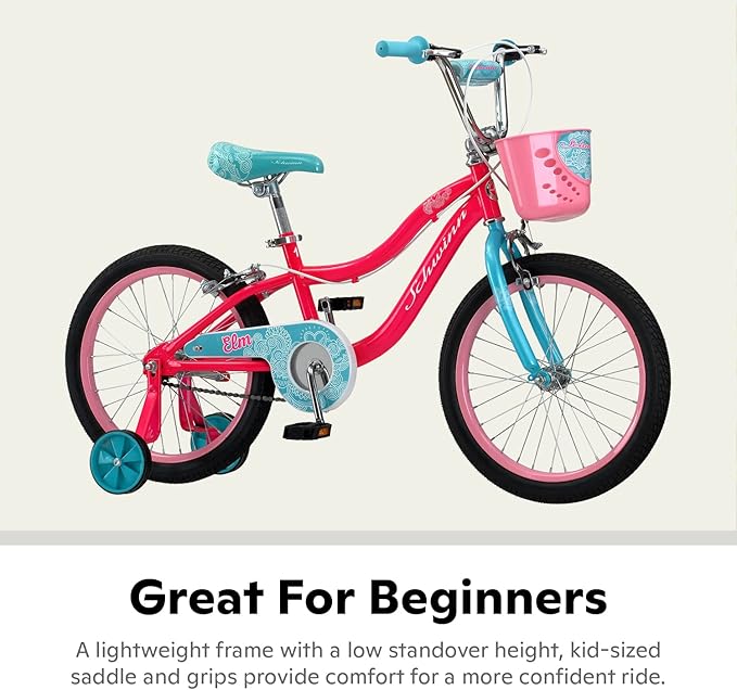 Schwinn Elm BMX Style Toddler and Kids Bike, For Girls and Boys, 18-Inch Wheels, With Training Wheels, Chain Guard, and Front Basket, Recommended Height 42-52 Inch, Pink