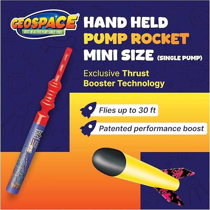 Geospace Hand Held Pump Rocket Mini Size (Single Pump) – Flying Foam Rockets Outdoor Toys for Kids, Boys & Girls – 19" Rocket Set – Hand Stomper Rockets Toy - Cool Toys for Fun