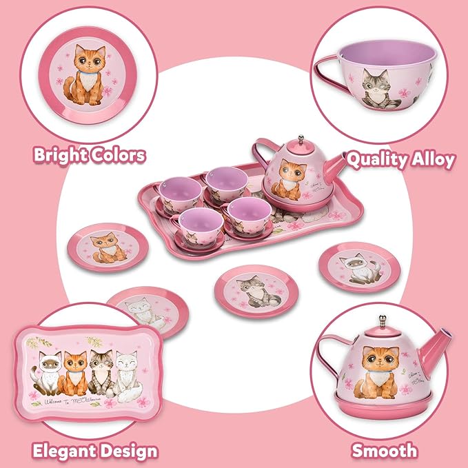 Cat Tea Party Set for Little Girls - 19pcs Pretend Play Toy, Birthday Gift for Toddlers Ages 3 4 5 6 Year Old, Includes Kitten Tin Tea Set, and Carrying Case - Ideal Stocking Stuffers for Kids