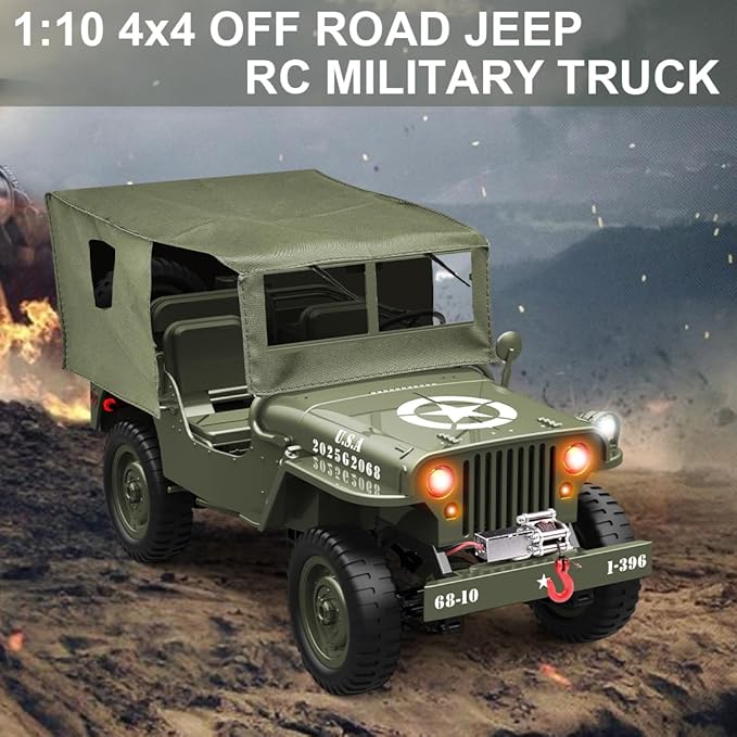 RC Military Truck Rock Crawler, 1:10 4WD Off-Road Remote Control Military Jeep with Winch, Canvas & 2 Batteries, 2.4G All Terrain Army Climbing Vehicle with LED Lights, for Kids Adult