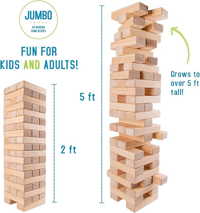 Giantville Giant Tumbling Timber Toy - Premium Pine Wood Life-Size Blocks Tower - Big Floor/Board Indoor/Outdoor Yard Game for Kids & Adults - 60-Pieces + Storage Crate/Platform - Grows to Over 5-Feet