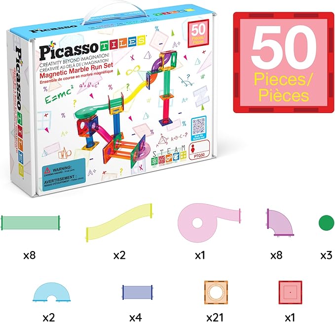 PicassoTiles Magnetic Marble Run Marbles for Kids Race Track Toy Set Marble Maze Sensory Toys for Toddlers STEM Educational Magnet Building Blocks Construction Building Tiles Boys Girls 3+