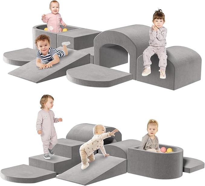 Indoor Toddler Climbing Toys with Foam Ball Pit, 7-Piece Foam Climbing Blocks for Toddlers, Inside Crawling & Sliding Soft Play Set for Toddlers