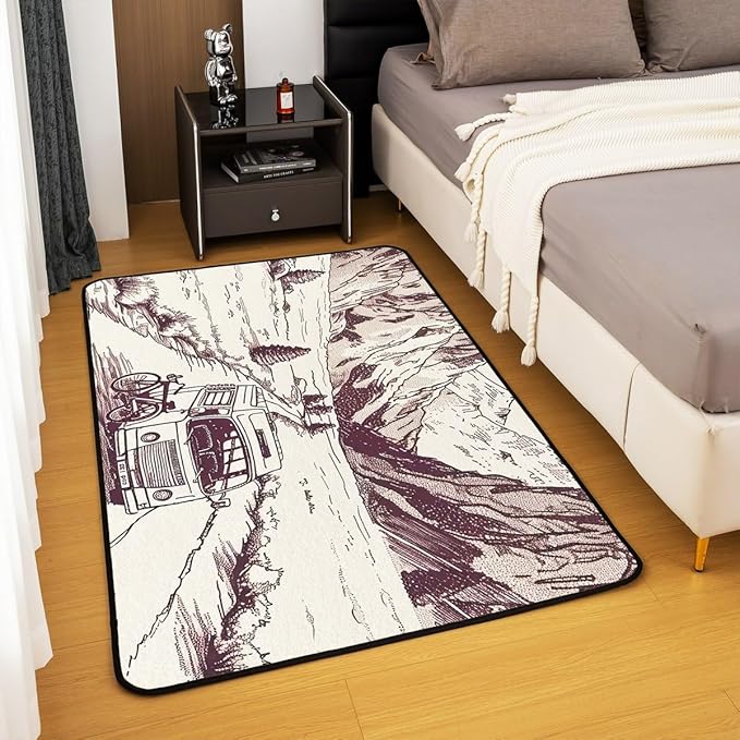 Erosebridal Hand Drawn RV Area Rug 5x7 Cartoon Camper Car Rug for Adults Kids Retro Mountain Bike Carpet Family Students Camping Travelling Bedroom Non Slip Decorative Rug