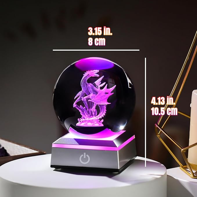 3D Dragon Crystal Sphere Gifts for Women Men Kids with Colorful LED Light Base 3.15 inch, Dragon Night Light for Boy Girl Xmas Cool Dragon Figurines Home Decor
