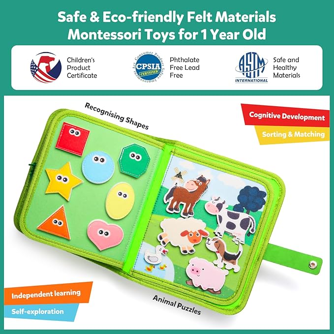 Busy Book for Toddlers 1-3 - Montessori Toys Busy Board for 1 Year Old Boy Girl Toys Educational Quiet Activity Books Learning Board Todder Airplane Travel Toy Birthday Gift - Farm Animals