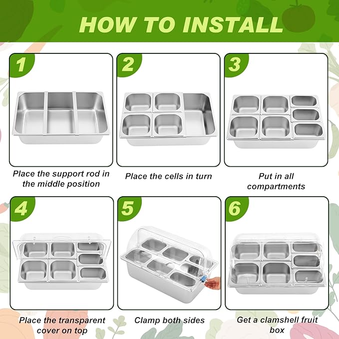 Tessco for you 16 Pcs Countertop Chilled Condiment Container Set with Lid, Stainless Steel Salad Cold Ice Food Spice Serving Display Caddy for Buffet Restaurant Kitchen Party(7 Compartments)