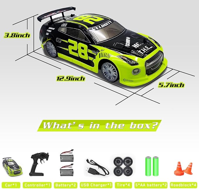 RACENT 2.4GHz 4WD 25KPH High Speed RC Drift Car with LED Lights, PVC Shell, ABS Base, Rechargeable Batteries, Toy Gift for Kids & Adults