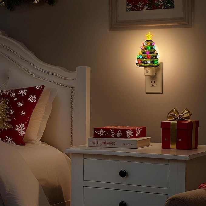 DORESshop Ceramic Christmas Tree Night Light, 3000K Night Lights Plug into Wall, Cute & Funny Christmas Decor Night Light for Kids, Plug in Nightlight with 360° Rotatable, Holiday Party Decor, 1 Pack