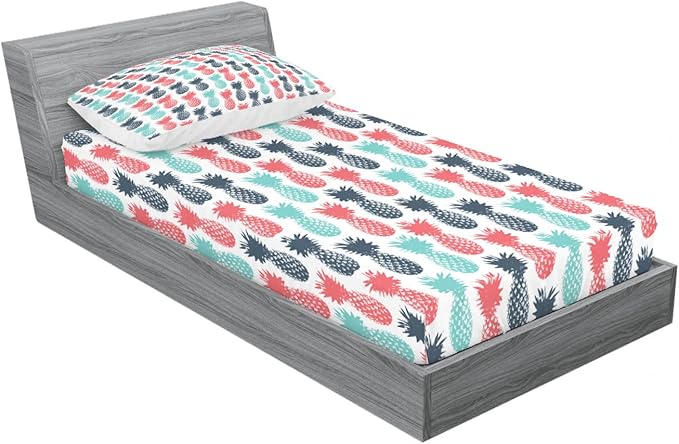 Ambesonne Tropical 2 Pack Fitted Sheet & Pillow Sham Set, Stamped Minimal Backdrop, 4 Pcs Bedding Decor, Package Contains 2 Twin Size Fitted Sheets & 2 Pillow Covers, Turquoise White Coral