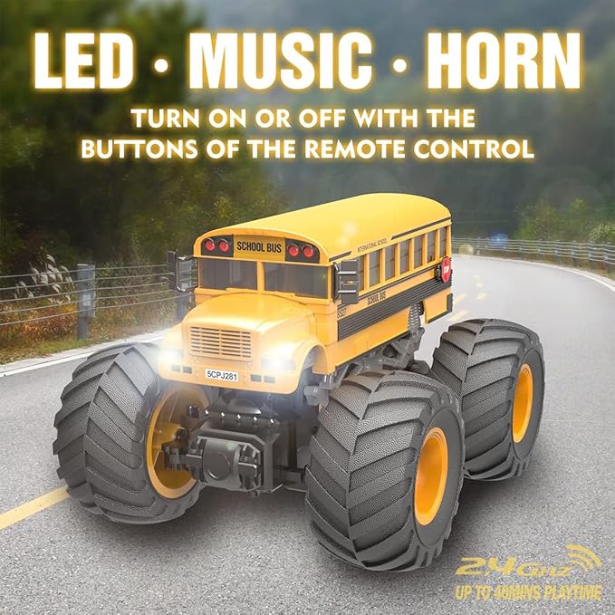 Remote Control Monster Truck - 1:18 Scale RC Fire Truck, 2.4GHz Big Wheel School Bus with Lights, Sounds, Rechargeable Electric Toy Stunt Jam Car for Kids, Boys, Girls (School Bus)