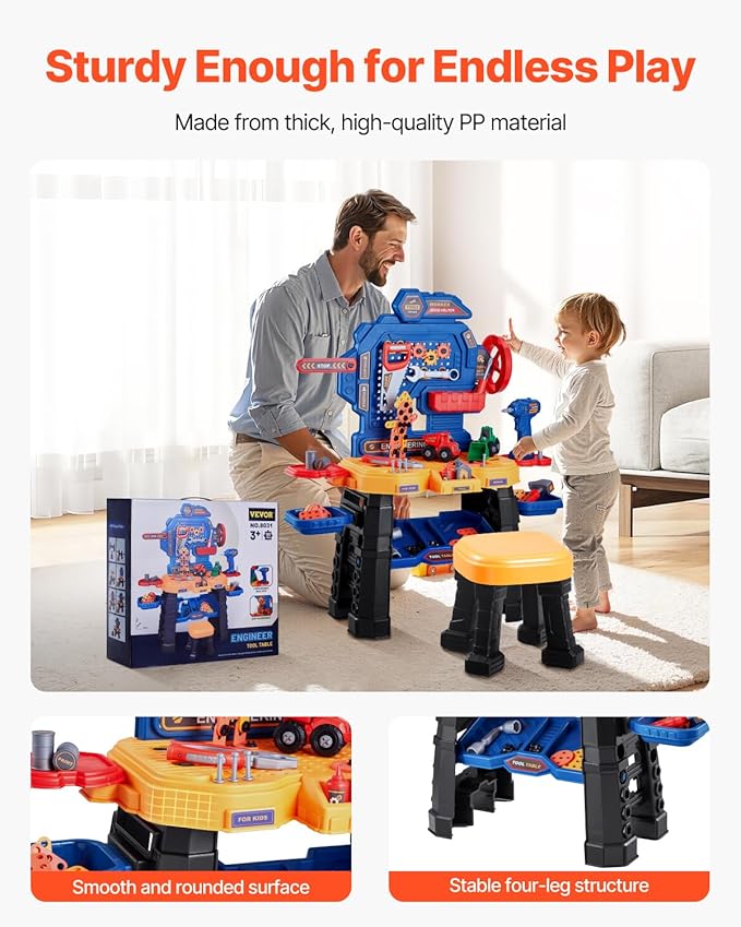 VEVOR Kids Workbench, 181 pcs, Kids Tool Bench with Realistic Tools and Electric Drill, Pretend Play Construction Workbench Toys for Toddlers, Toddler Work Bench Learning Gift for Boys & Girls Age 3+