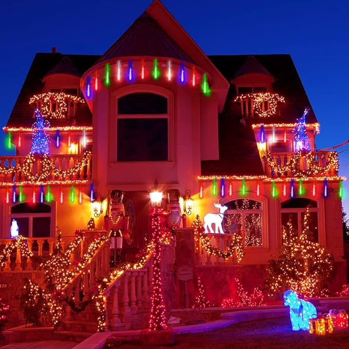 Meteor Shower Christmas Lights Outdoor 24 Tubes Falling Rain Cascading Icicle Light for Christmas Tree Decorations Wedding Party Holiday Garden Decor, UL Plug, Multi-Colored