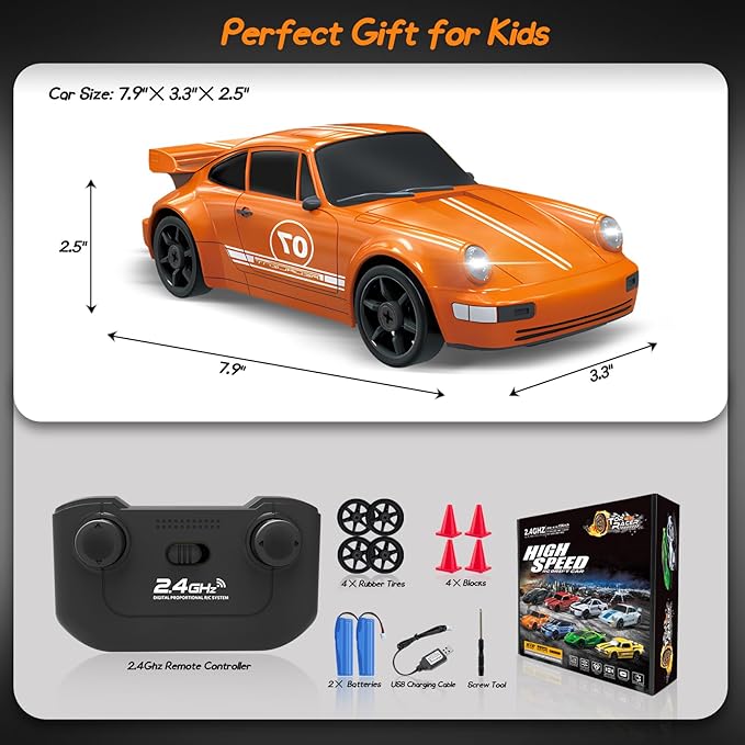 1/24 4WD RC Drift Car - 2.4GHz Remote Control With LED Light, High Speed, Two Rechargeable Batteries and Drift Tires for Kids and Adults - Orange
