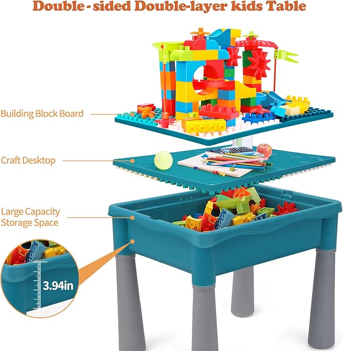 5-in-1 Multi Activity Sand Water Play Table, Double-Sided Kids Activity Table with Storage, 105pcs Marble Run Building Blocks Sensory Table for Kids Toddler Boys Girls Ages 1 2 3 Year Old