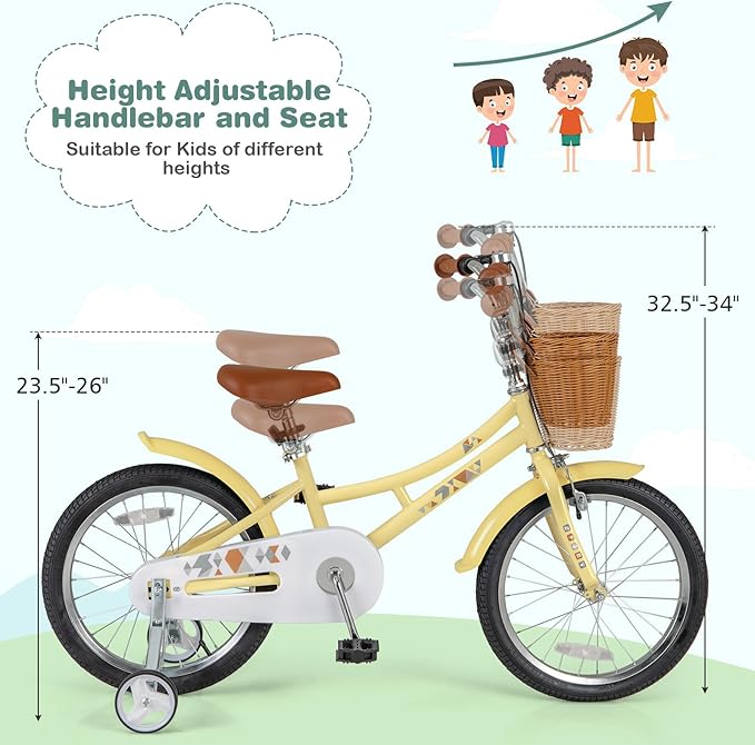 BABY JOY Retro Kids Bike, 12 14 16 18 Inch Child Bike for 3-8 Years Old w/Rattan Basket, Adjustable Height, Training Wheels, Fenders, Handbrake Coaster Brake, 95% Pre-Assembled Kids Bicycle for Girls