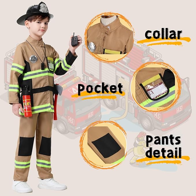 yolsun Fireman Costume for Kids, Boys' and Girls' Firefighter Dress up, Fire Fighter with Toy Accessories Halloween Role Play