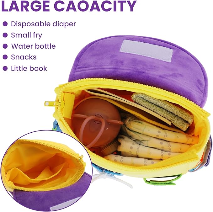 Busy Board - Toddler Backpack with Buckles and Learning Activity Toys - Develop Fine Motor Skills and Basic Life Skills - Learn to Tie Shoes - Children's Travel Toy (Yellow)