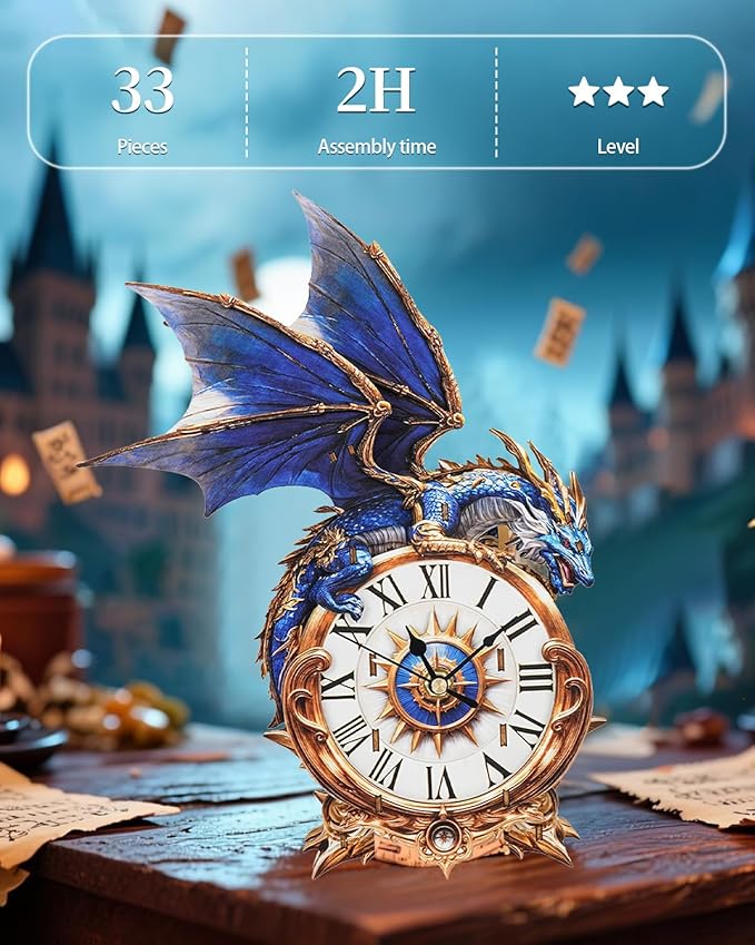 3D Wooden Puzzles for Adults, Blue Dragon Clock with Pendulum Model Kit, 3D Puzzles for Adults Room Home Decor DIY Wall Clock Kit, Holiday Birthday Christmas Day Gifts for Men Women Teens
