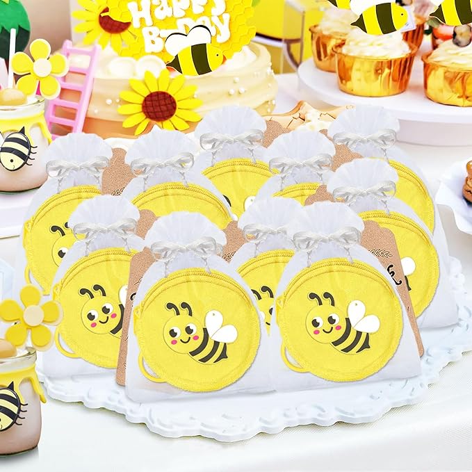 36 Pack Bee Change Coin Purses Set Include 12 Bee Wallets with Keyrings, 12 Thank You Tags and 12 Organza Bags for Honey Bee, Bumble Bee, Mommy to Bee, Baby to Bee, Birthday,Yellow