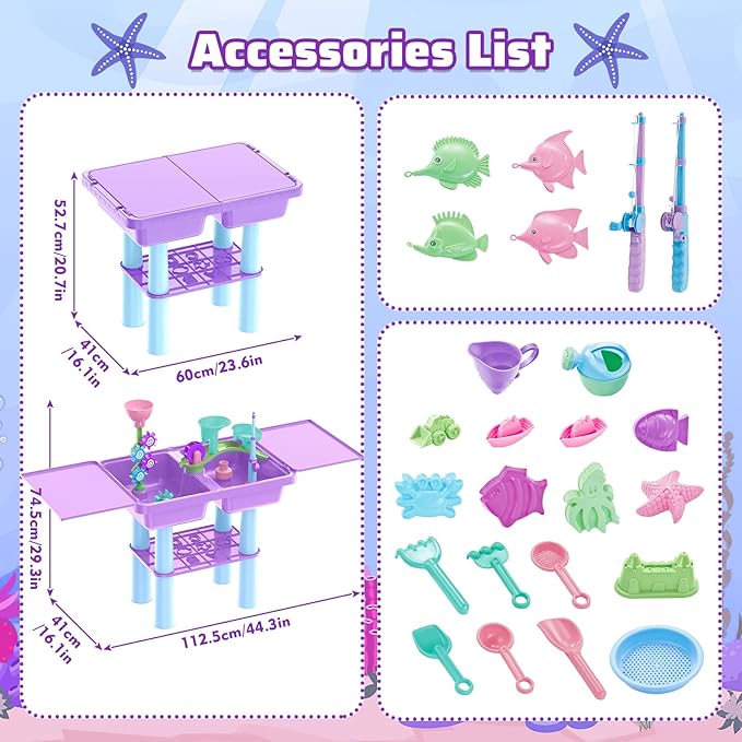 deAO Water Table for Toddlers 3-5, Kids Play Water 2 in 1 Sand and Water Table with 2 Fishing Pool Toys, Summer Outdoor Pool Backyard Toys,Birthday Party Gifts for Boys Girls (Purple)