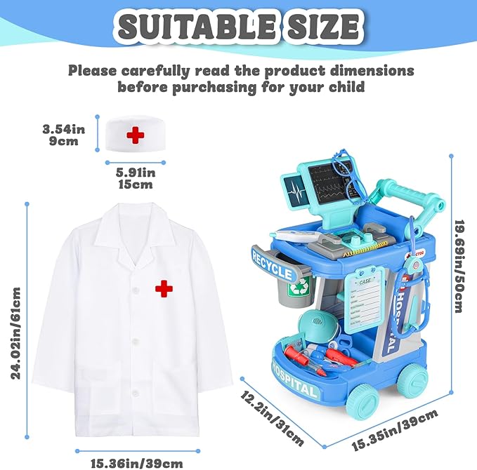 deAO Doctor Kit for Kids Ages 3+, Pretend Doctor Play Set with Doctor Cart, Costume and Stethoscope, Toddlers Doctor Role Playset Medical Kit for Girls Boys (Blue)