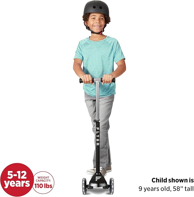 Kids Scooter, 3 Wheel Scooter, Flyer Glider Pro with Light Up Wheels, Black, Radio Flyer Ride On Toys for Kids 5-12 Years Old, for Outdoor Riding