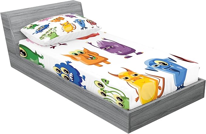 Ambesonne Funny Fitted Sheet & Pillow Sham Set, Animated Bacteria Aliens Theme Germ Whimsical Cartoon Monsters Humor Faces Graphic, Decorative and Printed 2 Piece Bedding Set, Twin, Purple Green