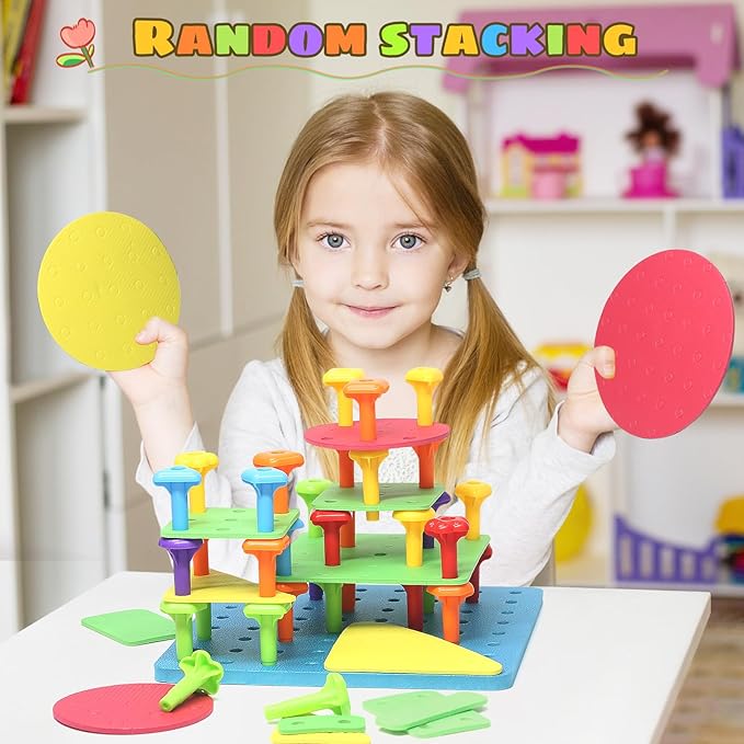 Peg Board Toy set 70Pcs DIY Building Stacking Toys for Kids 3-6 Years Old,STEM Educational Kids Toy for Brain Development,Montessori Sensory Toys,Upgrade Various Foam Board Plastic Lacing String Game