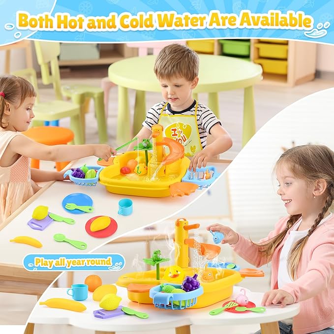 Play Sink with Running Water - Kitchen Kids Sink Toys with Fishing Game Toys for Floating Pool Water Play, Upgraded Electric Faucet & Water Slide Pretend Play Toys Kids Role Play Dishwasher Toy